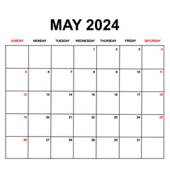 may 2024 with holydays or red dates. monthly calendar design with week starts on sunday. printable, simple, and clean vector design isolated on white background.