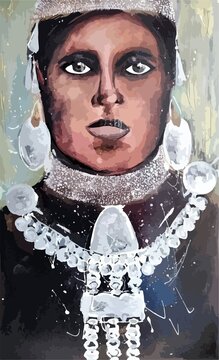 Pintura mujer mapuche inventada joyer&iacute;a de plata