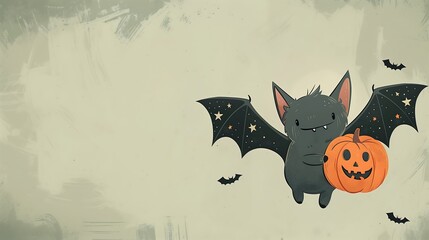 a flying Bat with a Halloween pumpkin in his paws