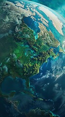 Satellite view of north america from space, vibrant colors and detailed landscape. Environmental and geographical concept