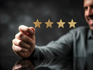 Customer Satisfaction Survey concept, 5-star satisfaction, service experience rating online application, customer evaluation product service quality, satisfaction feedback review, good quality most.
