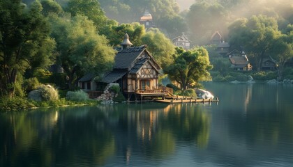 Obraz premium A serene lake surrounds a picturesque village with a centrally perched dwelling. It harmoniously connects with nature, reflecting water and village details, showcasing the beauty of lakeside living.