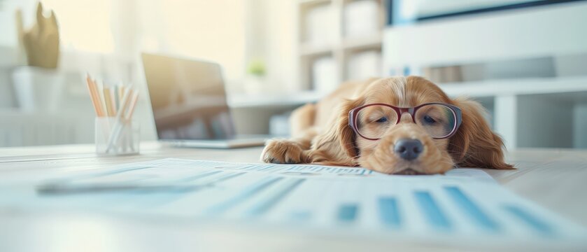 Puppy wearing glasses sleeping on desk with laptop and papers.