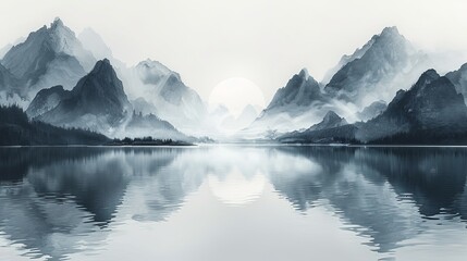 Naklejka premium Serene mountain landscape with misty peaks and reflective lake at sunrise, tranquil and peaceful nature scenery