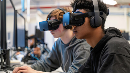 Two young male students using virtual reality headsets in a science lab
