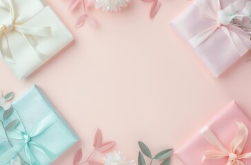 Pastel colored gift boxes arranged in a frame on a pink background with leaves and flowers.
