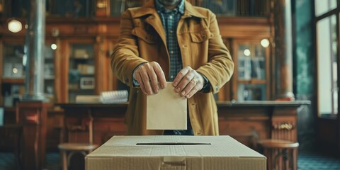 Fototapeta premium Focus on the Hands Capture the voters hands placing the ballot into the ballot box, emphasizing the act of casting a vote
