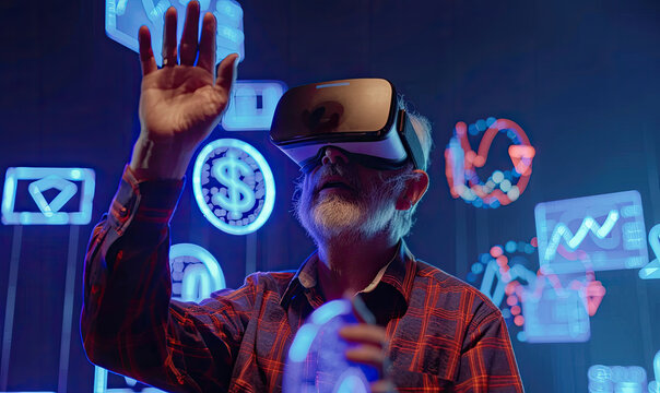 Senior businessman wearing vr headset interacting with metaverse financial charts and digital data - Powered by Adobe
