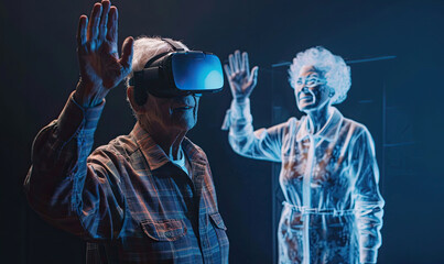 Senior man using vr technology experiencing virtual reality