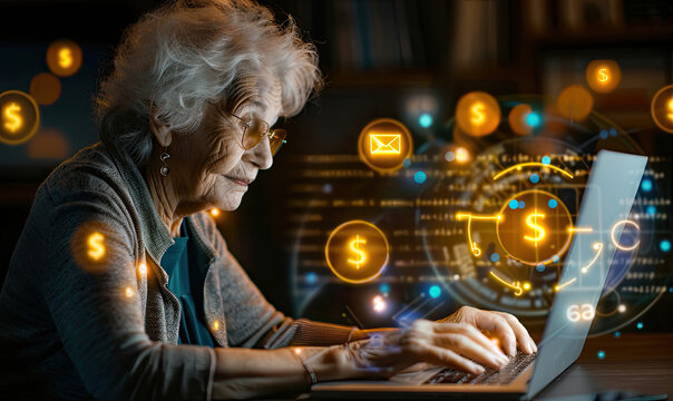 Senior woman using laptop with digital money transfer interface