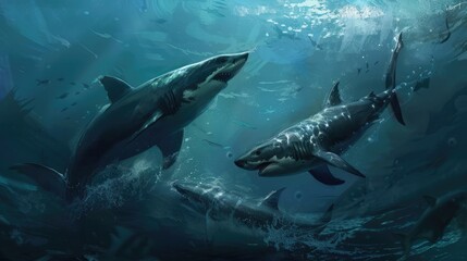 Fototapeta premium Capture the interaction between predators and their prey in the ocean, such as sharks hunting fish or seals chasing squid.