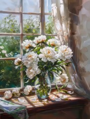White peony in glass on window vase impasto oil painting, still life watercolor illustration for wedding, Mothers day, Womans day card. Flower composition with place for text, copy space.