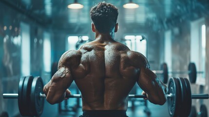 Muscular man lifting weights in a gym, showcasing his back muscles during a workout.