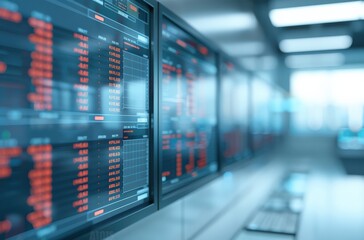 Multiple large monitors display financial data in a modern office setting.