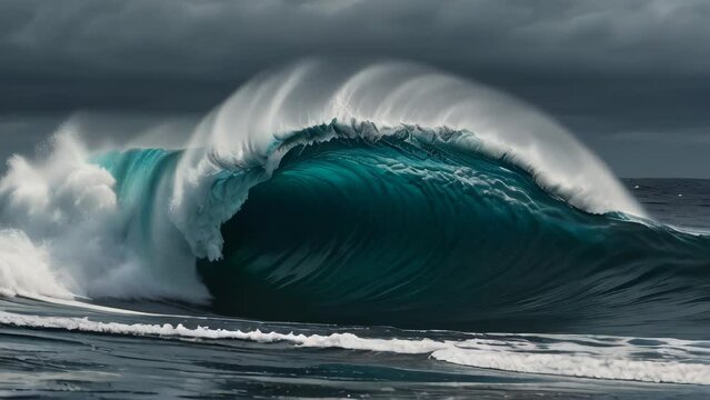 Powerful waves of ocean. Beautiful seascape. View of azure ocean and giant waves