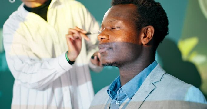 Man, makeup and powder for TV interview as presenter or guest talkshow host in panel discussion. Male person, public speaker and cosmetics in show, event or seminar with stylist, foundation and brush