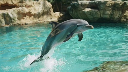 Capture the playful antics of dolphins jumping out of crystal-clear waters