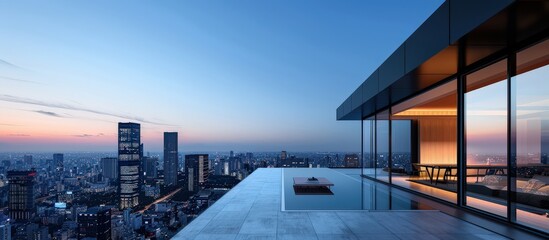 Obraz premium Modern rooftop with city skyline view and a pool.