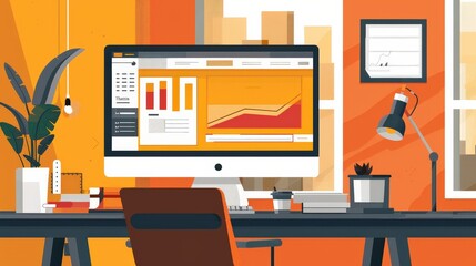 Modern office desk with a computer showing a graph, a plant, and a lamp.  The background is orange.