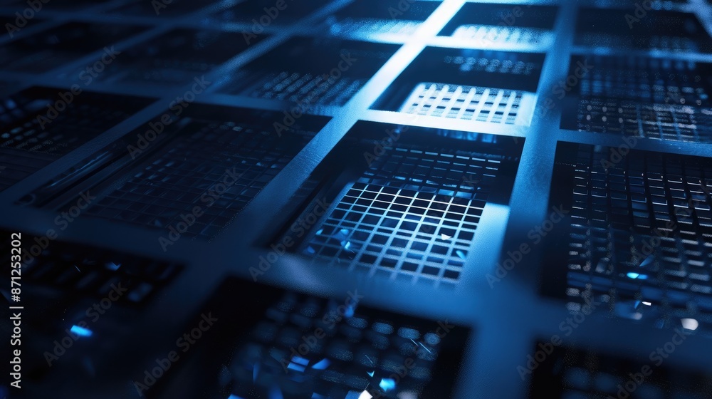 Poster abstract image of a blue metallic grid structure with a glowing light in the background. aig535