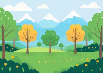 Scenic Cartoon Landscape Illustration with Trees and Mountains