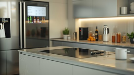 Fototapeta premium Modern kitchen with stainless steel appliances, white countertops and sleek design.