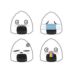 Set of hand drawn kawaii onigiri rice ball emojis. Cute Japanese food illustration Isolated on white background