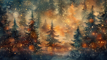 Magical forest with christmas trees and glowing lights christmas card style watercolor abstract artistic winter wonderland nature woodland holiday background backdrop wallpaper with copy space.