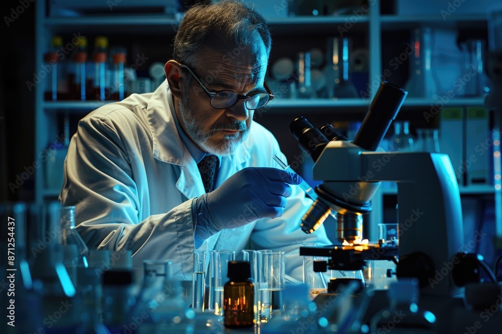 Poster scientist examining samples in a well-equipped lab, utilizing an advanced microscope and various equ