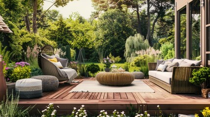 Modern design of home patio deck with garden view