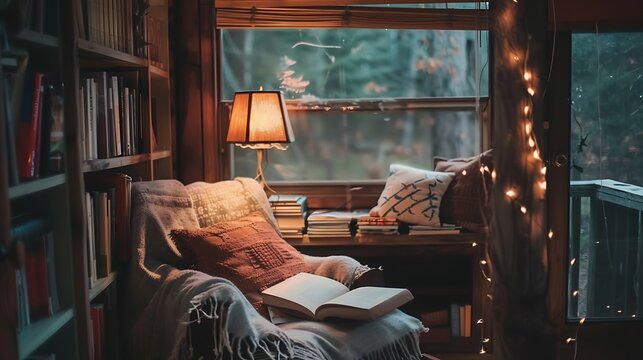 A cozy reading nook with a comfortable chair and a stack of books 