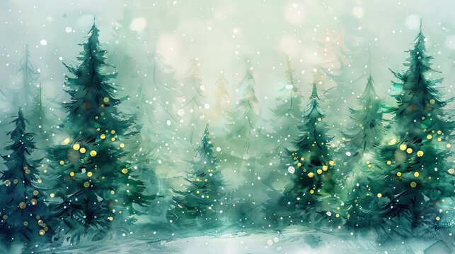 Magical forest with christmas trees and glowing lights christmas card style watercolor abstract artistic winter wonderland nature green woodland holiday background backdrop wallpaper with copy space.