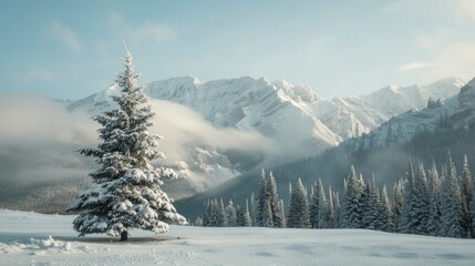 Naklejka premium beautiful snow covered pine tree with snow filled pine forest and mountains background
