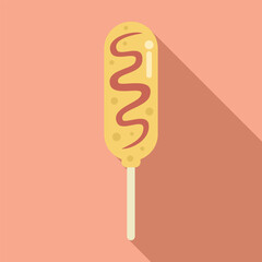 Delicious corn dog covered in mustard and ketchup is casting a shadow on pink background