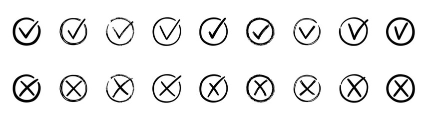 Check marks doodle set. Checkbox, checklist, tick and cross signs, v and x in sketch style. Hand drawn vector illustration isolated on white background