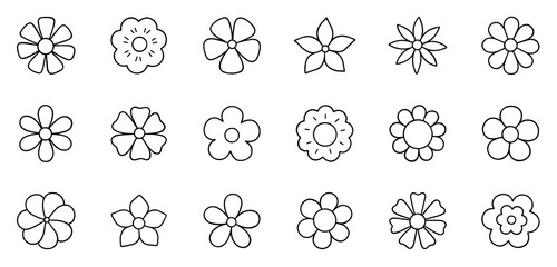 Flower doodle icons set. Floral spring collection in sketch style. Hand drawn vector illustration isolated on white background