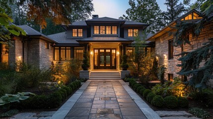 Obraz premium House with lit up front door and walkway leading to it