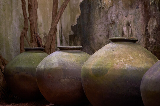 Closeup of ancient ceramic water jar