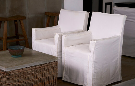 Closeup of elegant white sofa, indoors