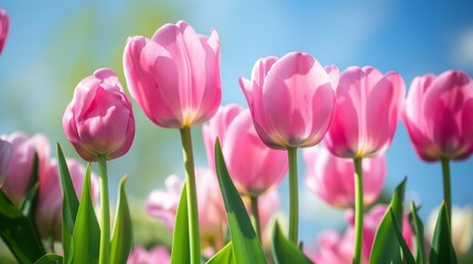 Pink tulips in full bloom under blue sky, nature spring flower concept