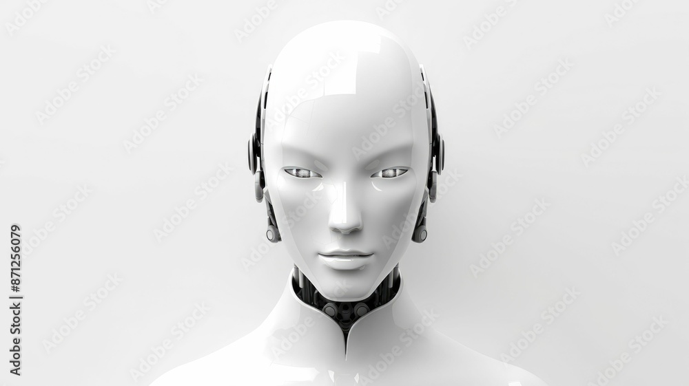 Poster smart android head close up with humanoid features. futuristic robot face concept with white sleek d