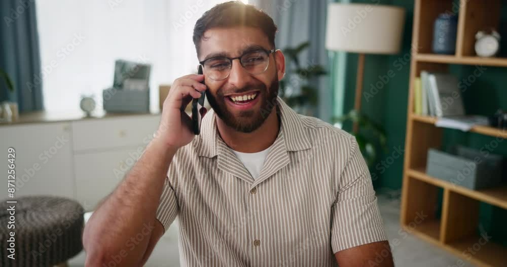 Aufkleber man, phone call and celebration for success in work promotion in home with excited as web support co