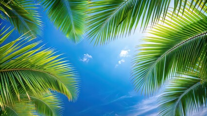 Fototapeta premium Palm branches against a blue sky backdrop, tropical, leaves, green, nature, exotic, summer, palm tree, botany, foliage