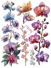set water color orchid flower illustration design isolated on white background