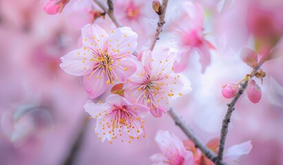 Obraz premium A photo of blooming peach blossoms, delicate pink petals with yellow stamens and white leaves.