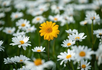Fototapeta premium A field of white daisies with one yellow flower in the center.