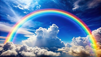 Vibrant rainbow arching over fluffy white clouds in blue sky , vibrant, rainbow, arching, fluffy, white, clouds, blue, sky