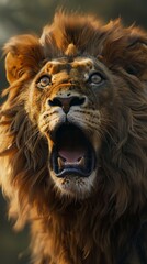 Fototapeta premium Close-up of a roaring lion with a dramatic background, wilderness concept