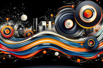 Obraz premium A colorful, abstract painting of a cityscape with a large, orange and black circle in the middle