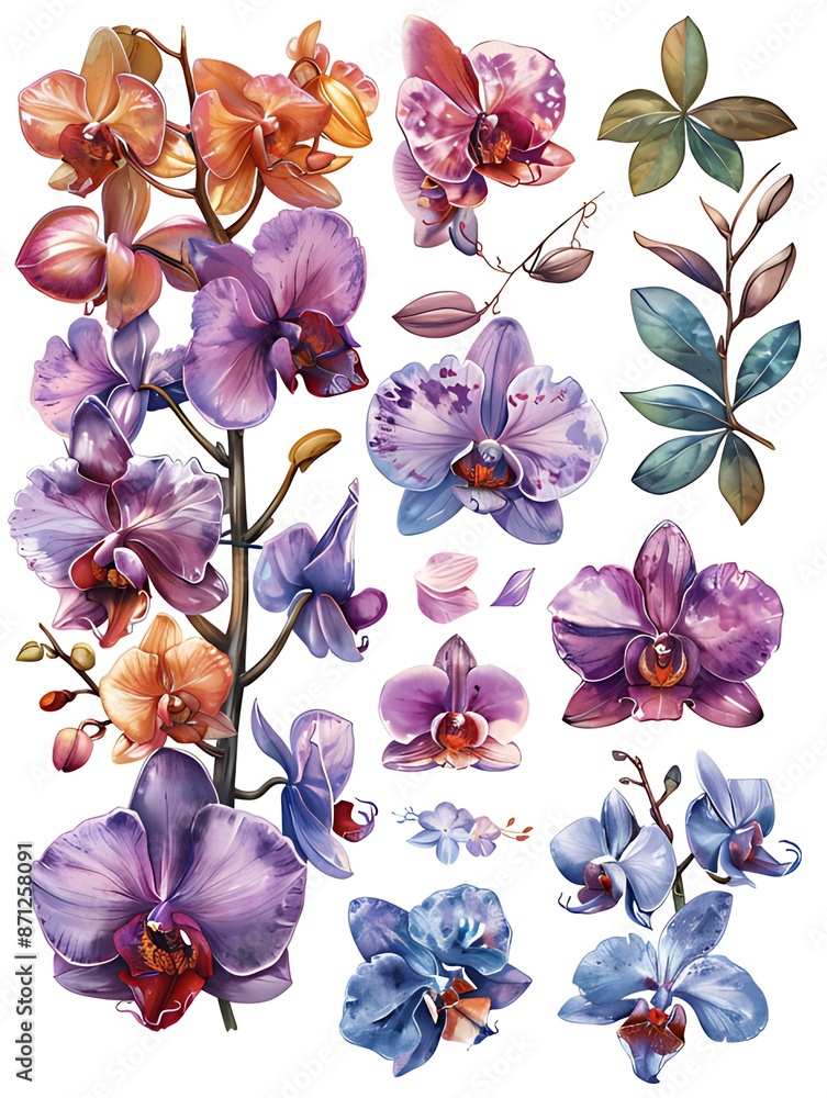 Wall mural set water color orchid flower illustration design isolated on white background